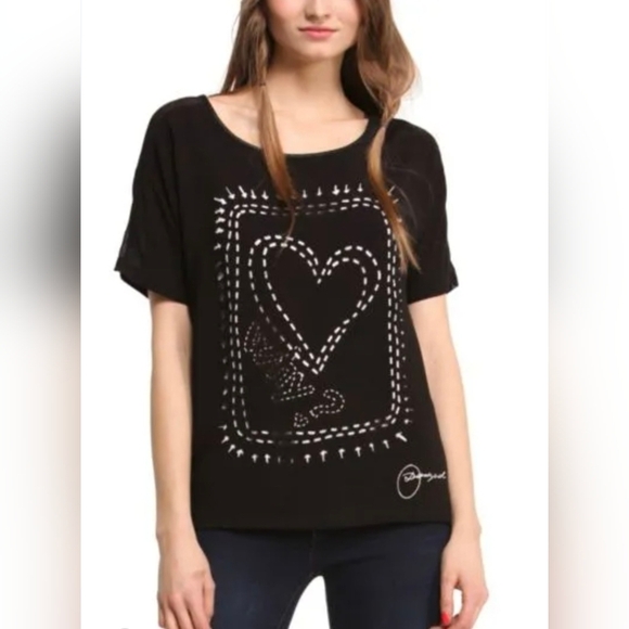 Desigual | Chic Black Heart Women's Tee, Size L - Picture 1 of 6